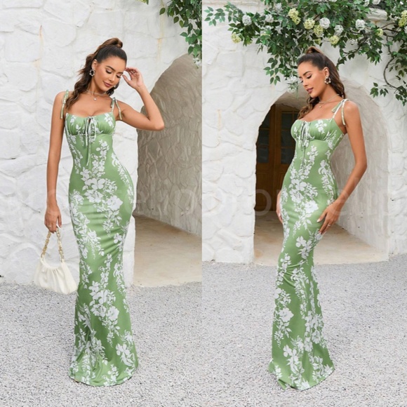 Floral Print White on Green Long Dress Sheath, Drawstring Ties Maxi Stretchy - Picture 4 of 16